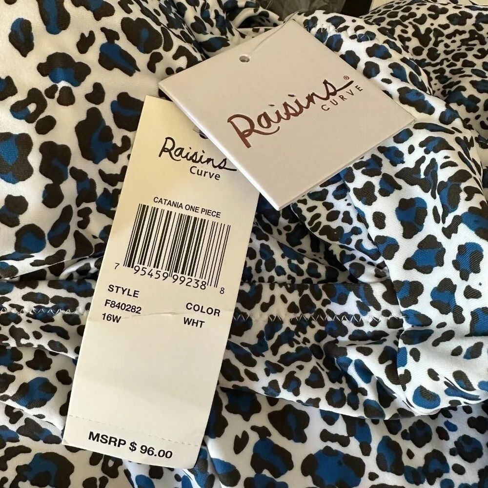 Raisins Plus Size 16W White Animal Print Stretch High Neck Keyhole Full Coverage